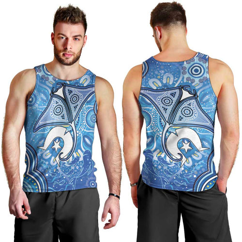 Torres Strait Islander Dhari Stingray Men Tank Top Aboriginal Dot Art Blue Pastel Style