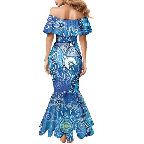 Torres Strait Islander Dhari Stingray Mermaid Dress Aboriginal Dot Art Blue Pastel Style