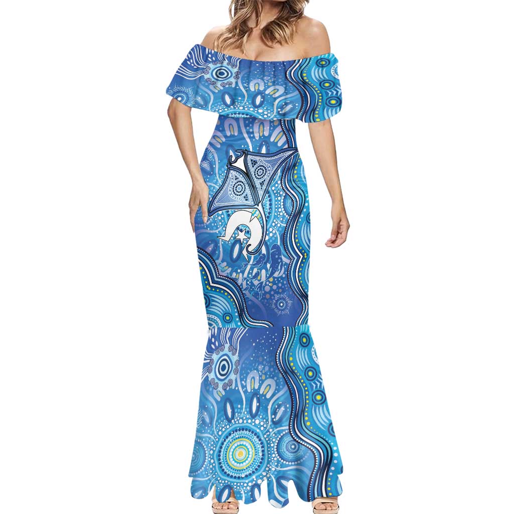 Torres Strait Islander Dhari Stingray Mermaid Dress Aboriginal Dot Art Blue Pastel Style