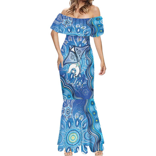 Torres Strait Islander Dhari Stingray Mermaid Dress Aboriginal Dot Art Blue Pastel Style