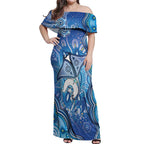 Torres Strait Islander Dhari Stingray Off Shoulder Maxi Dress Aboriginal Dot Art Blue Pastel Style