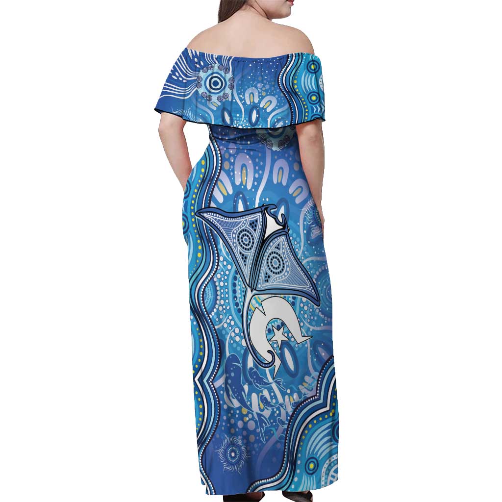 Torres Strait Islander Dhari Stingray Off Shoulder Maxi Dress Aboriginal Dot Art Blue Pastel Style