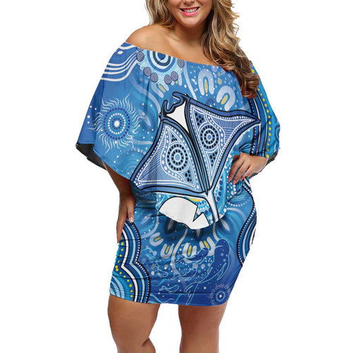 Torres Strait Islander Dhari Stingray Off Shoulder Short Dress Aboriginal Dot Art Blue Pastel Style