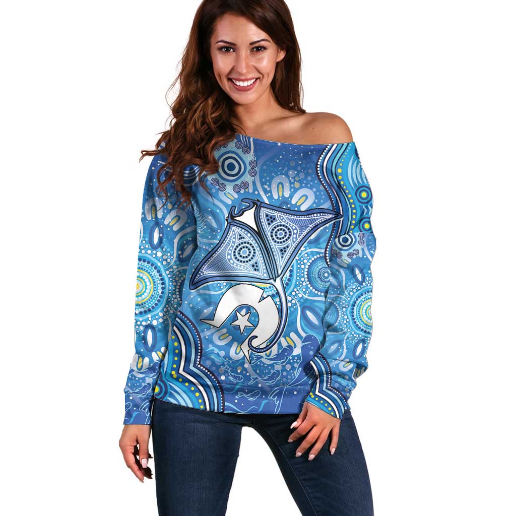 Torres Strait Islander Dhari Stingray Off Shoulder Sweater Aboriginal Dot Art Blue Pastel Style