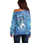 Torres Strait Islander Dhari Stingray Off Shoulder Sweater Aboriginal Dot Art Blue Pastel Style