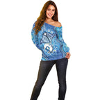 Torres Strait Islander Dhari Stingray Off Shoulder Sweater Aboriginal Dot Art Blue Pastel Style