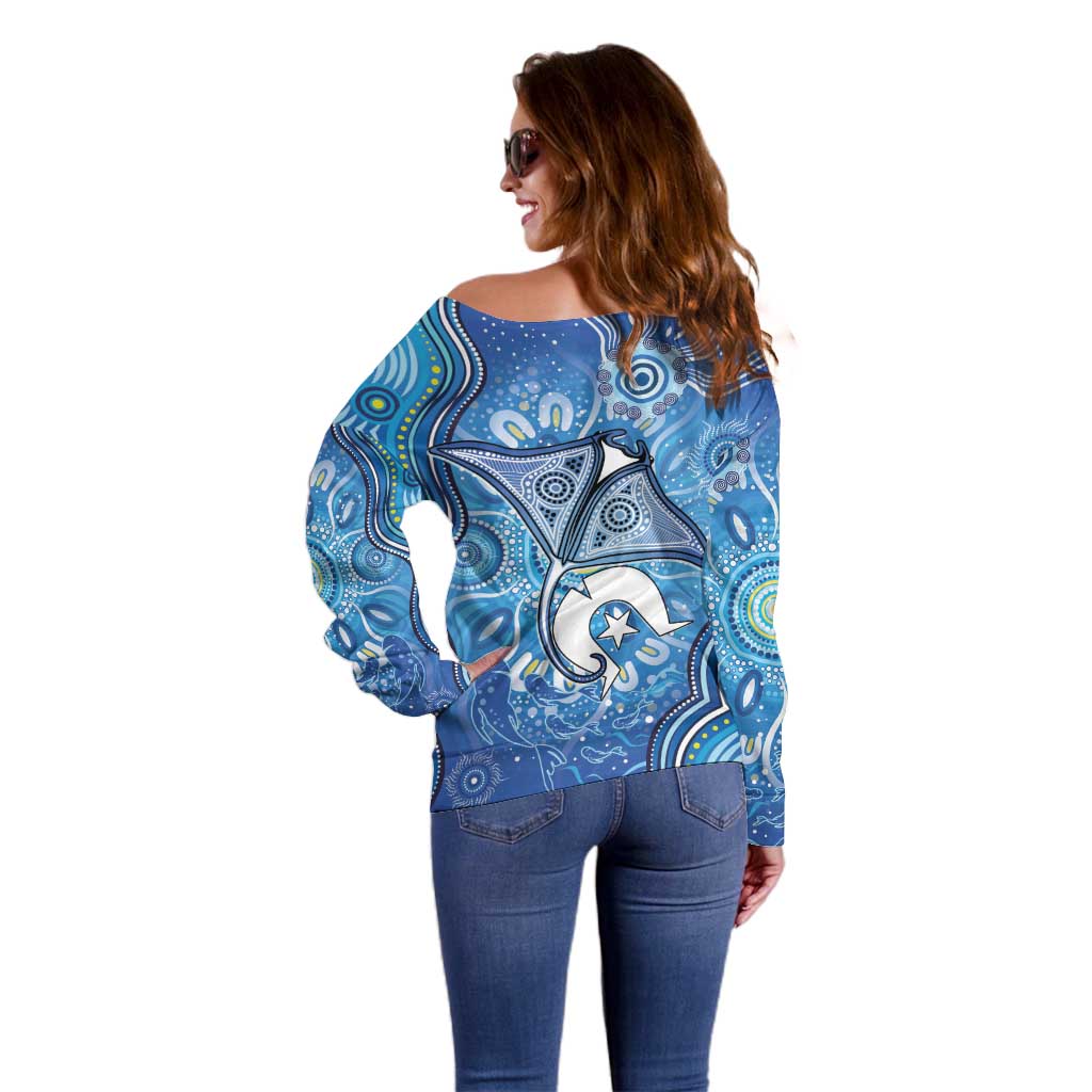 Torres Strait Islander Dhari Stingray Off Shoulder Sweater Aboriginal Dot Art Blue Pastel Style