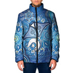 Torres Strait Islander Dhari Stingray Padded Jacket Aboriginal Dot Art Blue Pastel Style
