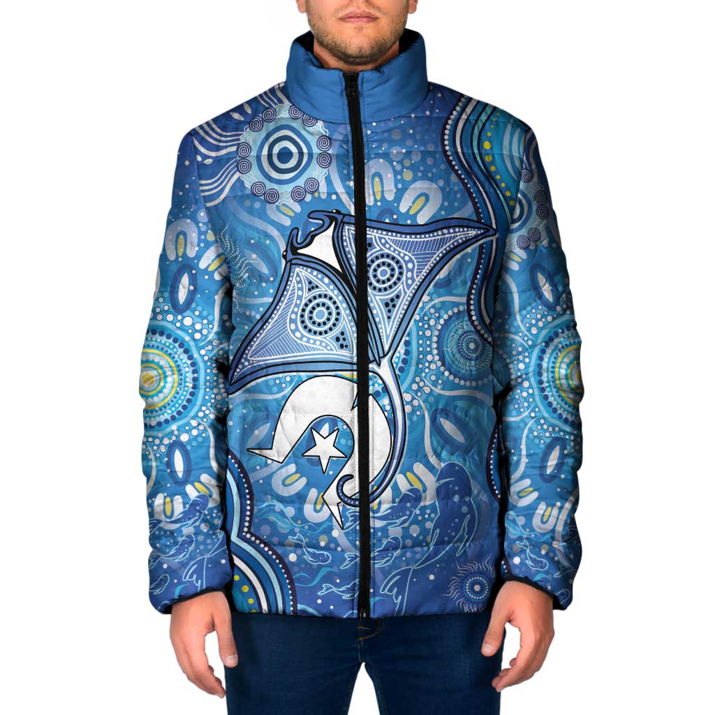 Torres Strait Islander Dhari Stingray Padded Jacket Aboriginal Dot Art Blue Pastel Style