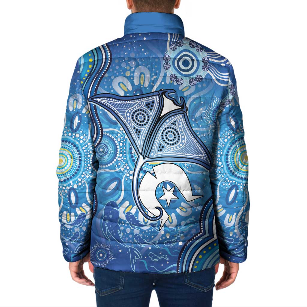 Torres Strait Islander Dhari Stingray Padded Jacket Aboriginal Dot Art Blue Pastel Style