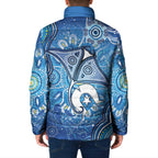 Torres Strait Islander Dhari Stingray Padded Jacket Aboriginal Dot Art Blue Pastel Style