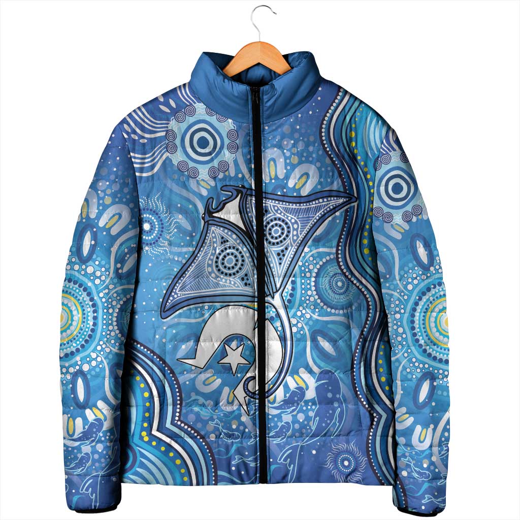Torres Strait Islander Dhari Stingray Padded Jacket Aboriginal Dot Art Blue Pastel Style