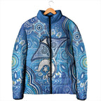 Torres Strait Islander Dhari Stingray Padded Jacket Aboriginal Dot Art Blue Pastel Style