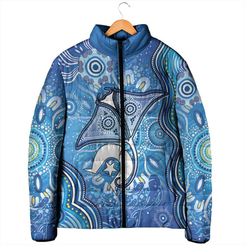 Torres Strait Islander Dhari Stingray Padded Jacket Aboriginal Dot Art Blue Pastel Style
