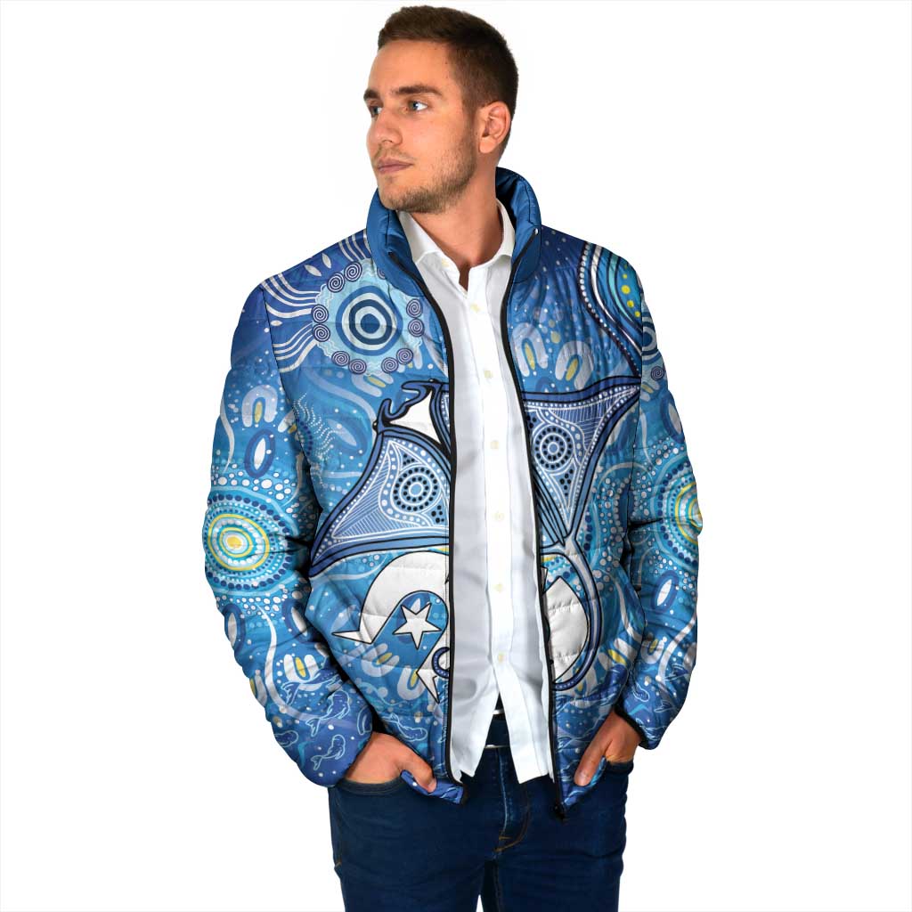 Torres Strait Islander Dhari Stingray Padded Jacket Aboriginal Dot Art Blue Pastel Style