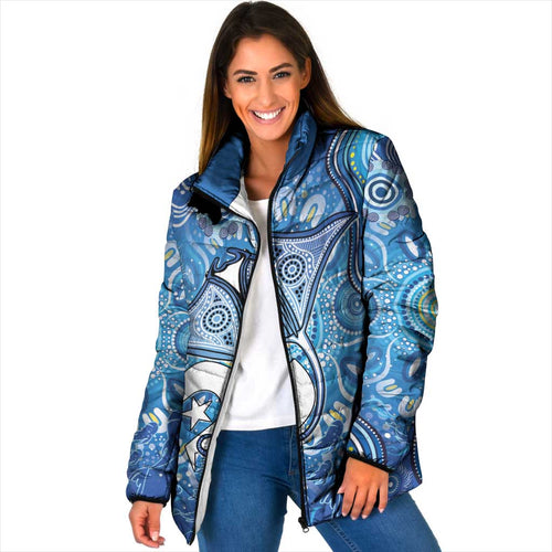 Torres Strait Islander Dhari Stingray Padded Jacket Aboriginal Dot Art Blue Pastel Style