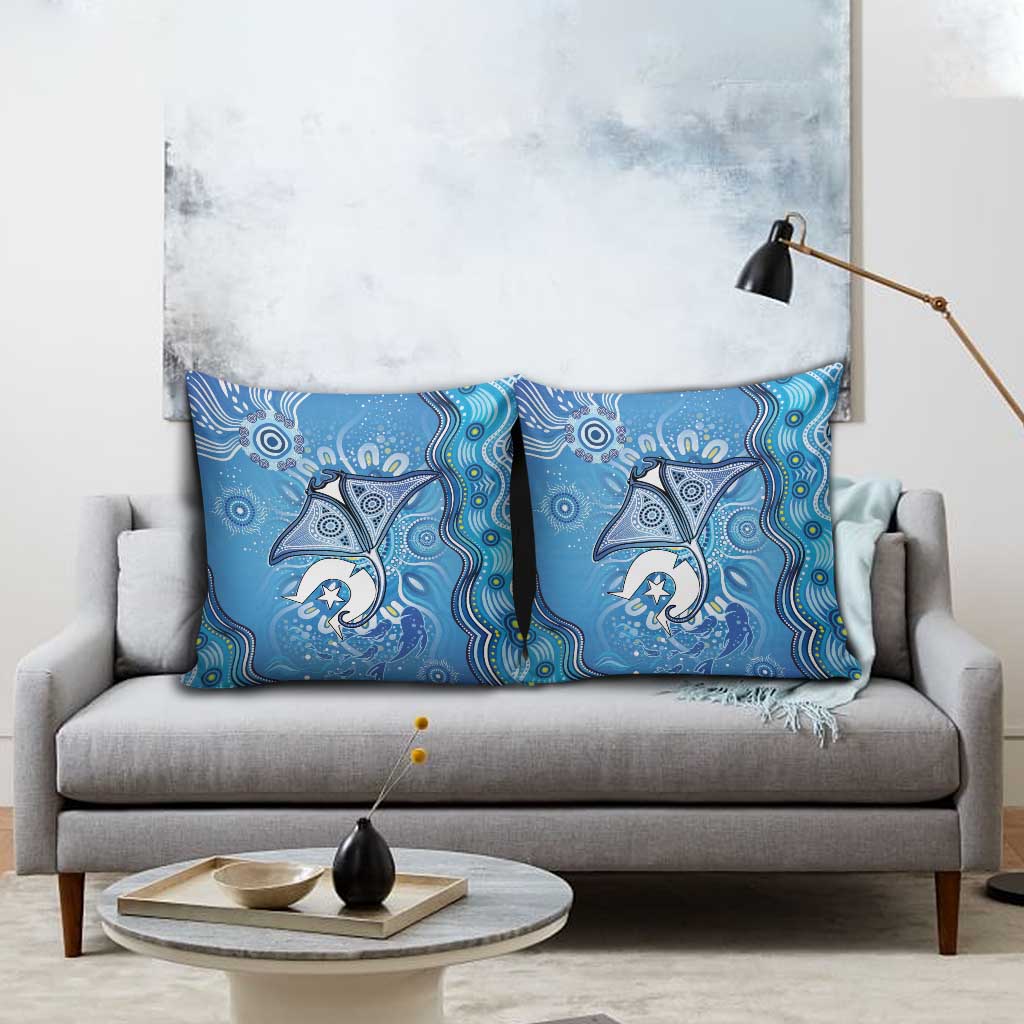 Torres Strait Islander Dhari Stingray Pillow Cover Aboriginal Dot Art Blue Pastel Style