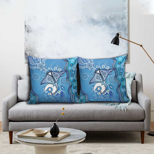 Torres Strait Islander Dhari Stingray Pillow Cover Aboriginal Dot Art Blue Pastel Style