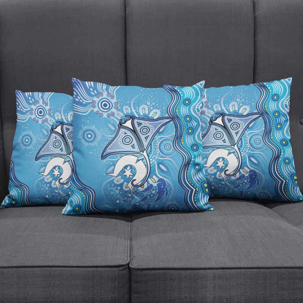 Torres Strait Islander Dhari Stingray Pillow Cover Aboriginal Dot Art Blue Pastel Style