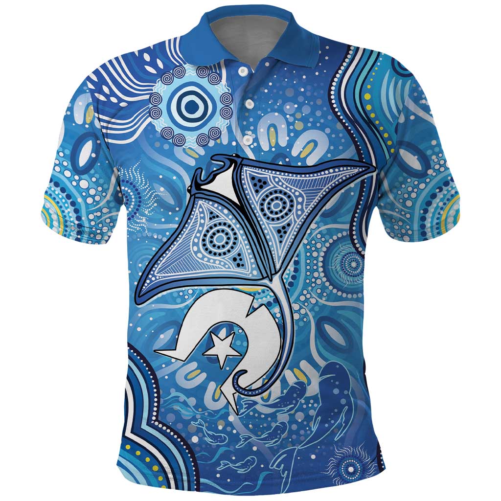 Torres Strait Islander Dhari Stingray Polo Shirt Aboriginal Dot Art Blue Pastel Style