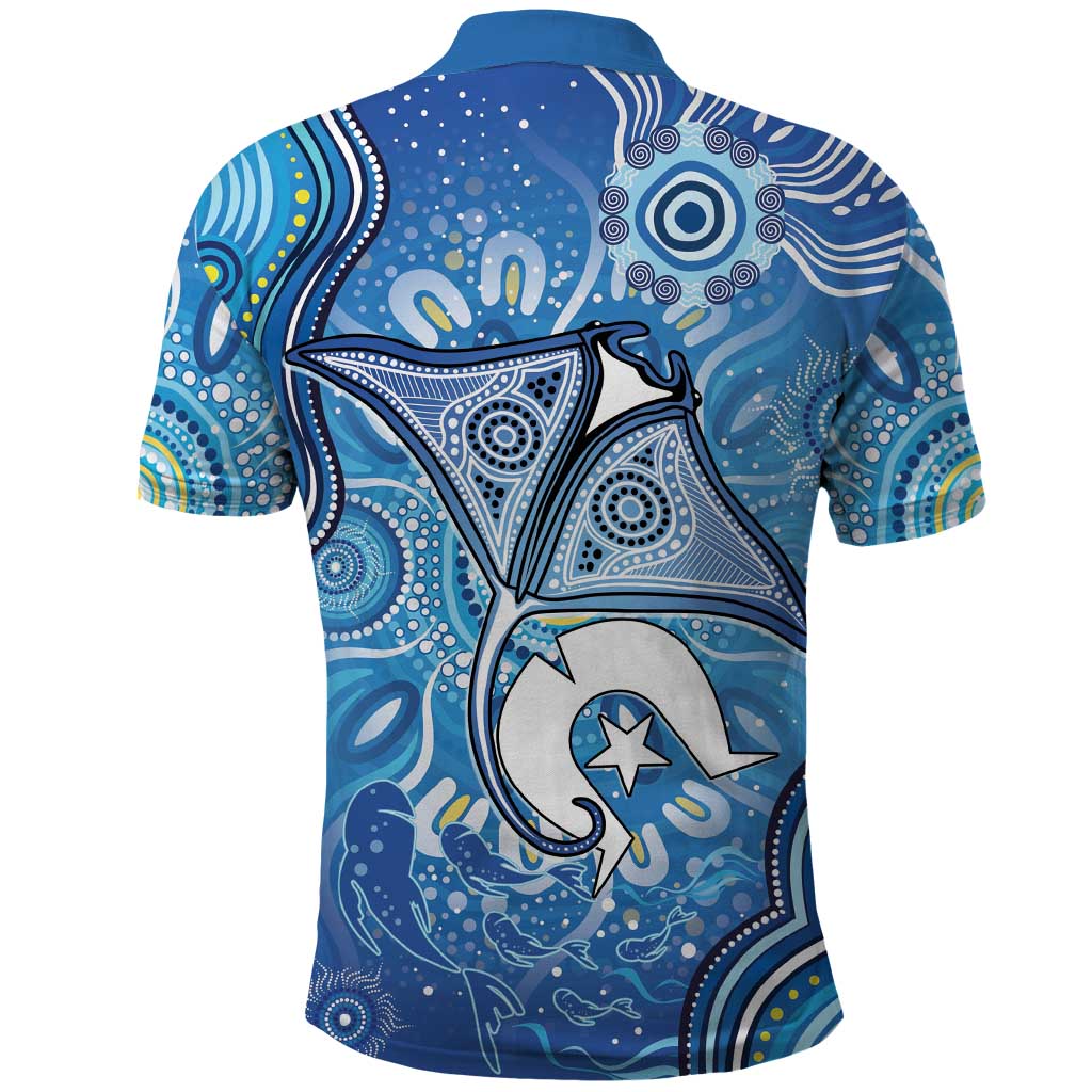 Torres Strait Islander Dhari Stingray Polo Shirt Aboriginal Dot Art Blue Pastel Style