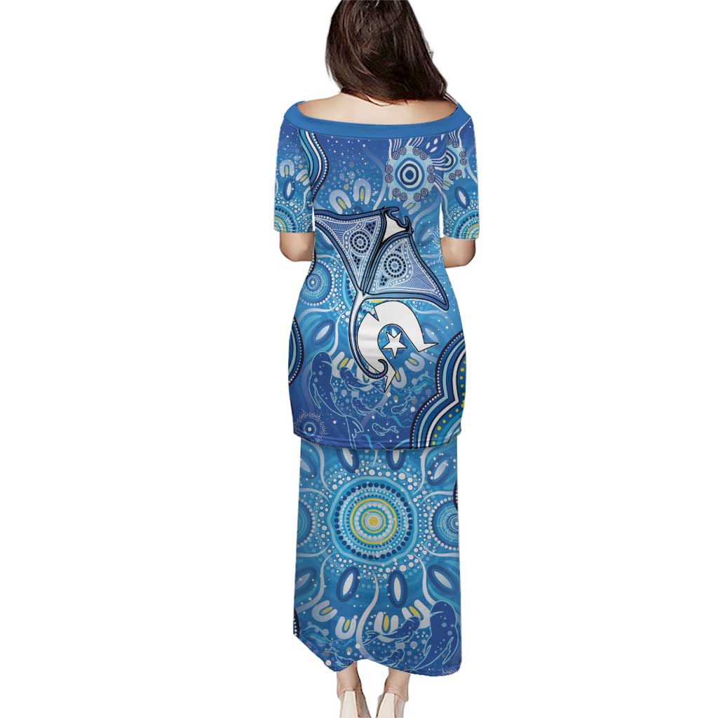 Torres Strait Islander Dhari Stingray Puletasi Aboriginal Dot Art Blue Pastel Style
