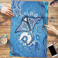 Torres Strait Islander Dhari Stingray Puzzle Aboriginal Dot Art Blue Pastel Style