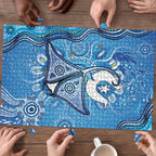 Torres Strait Islander Dhari Stingray Puzzle Aboriginal Dot Art Blue Pastel Style