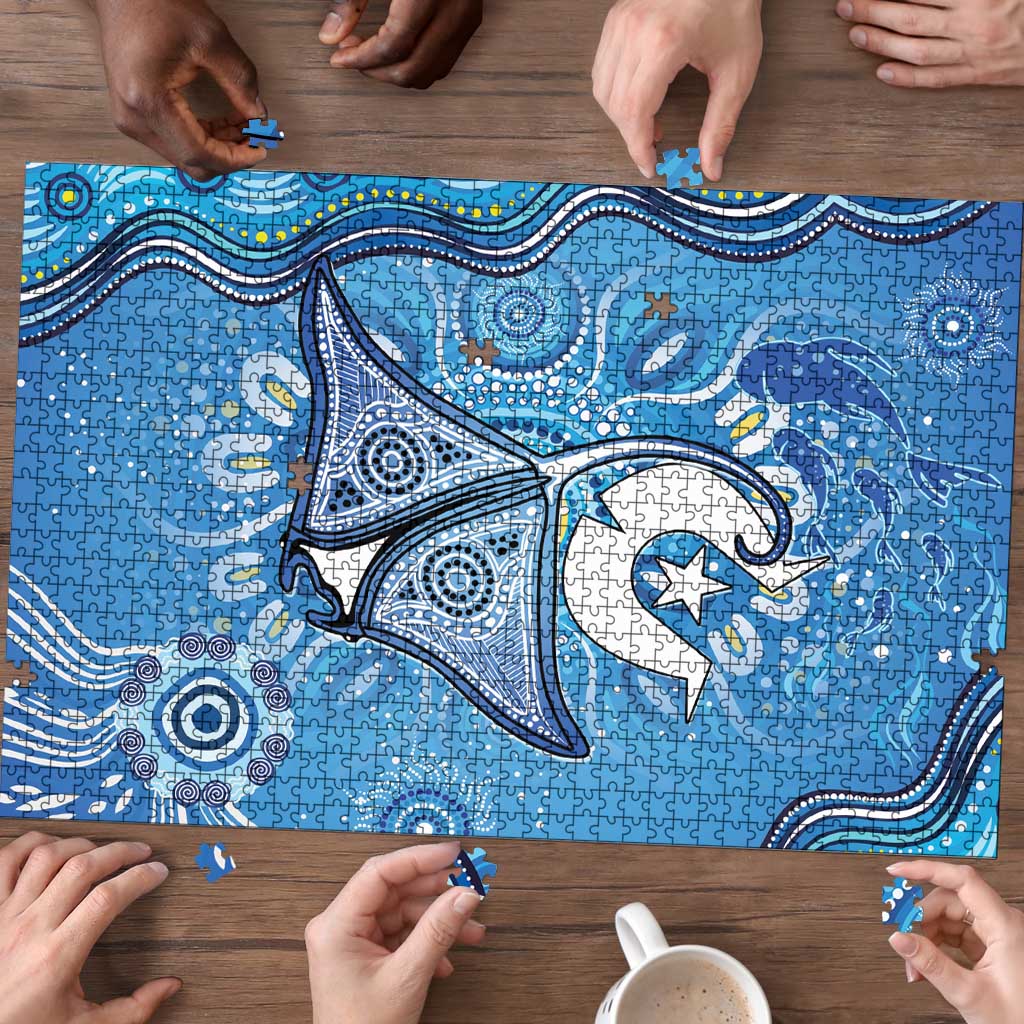 Torres Strait Islander Dhari Stingray Puzzle Aboriginal Dot Art Blue Pastel Style