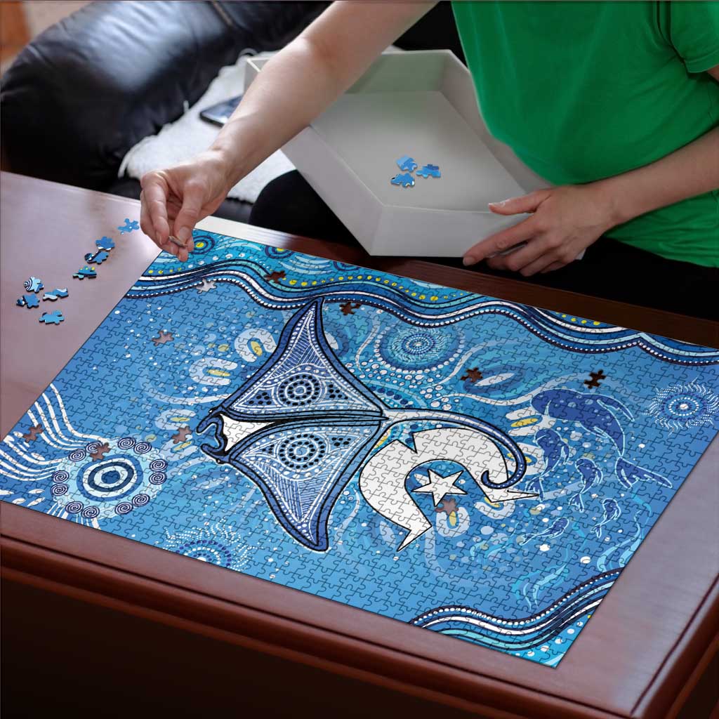 Torres Strait Islander Dhari Stingray Puzzle Aboriginal Dot Art Blue Pastel Style