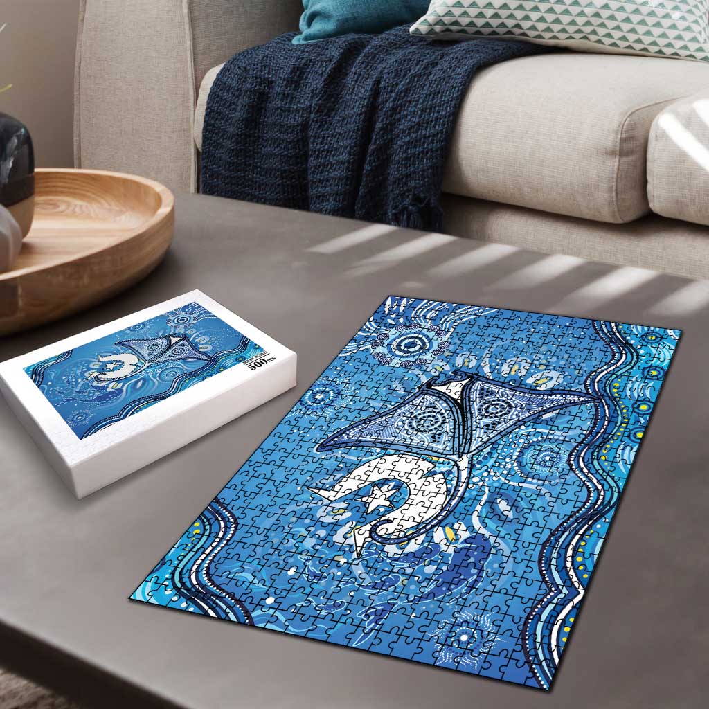 Torres Strait Islander Dhari Stingray Puzzle Aboriginal Dot Art Blue Pastel Style