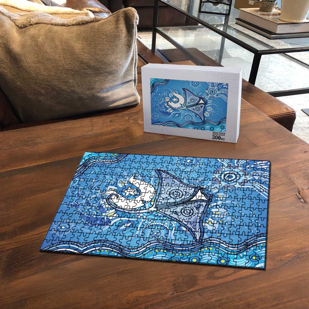 Torres Strait Islander Dhari Stingray Puzzle Aboriginal Dot Art Blue Pastel Style