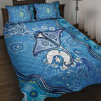 Torres Strait Islander Dhari Stingray Quilt Bed Set Aboriginal Dot Art Blue Pastel Style