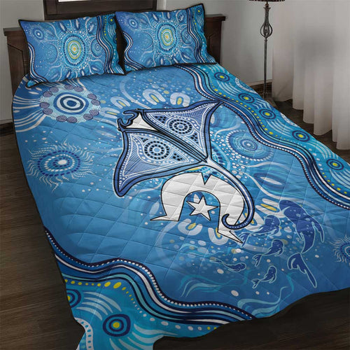 Torres Strait Islander Dhari Stingray Quilt Bed Set Aboriginal Dot Art Blue Pastel Style