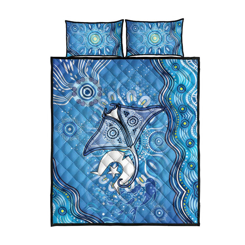 Torres Strait Islander Dhari Stingray Quilt Bed Set Aboriginal Dot Art Blue Pastel Style