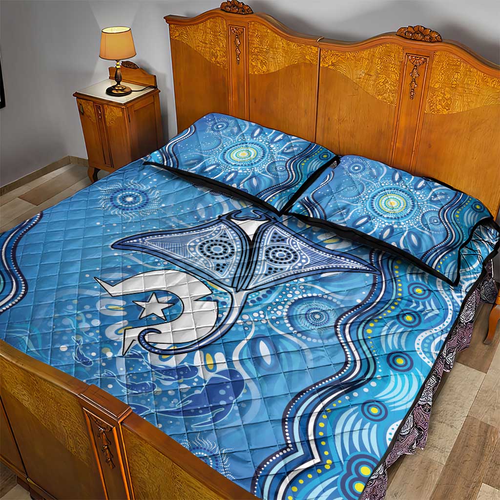 Torres Strait Islander Dhari Stingray Quilt Bed Set Aboriginal Dot Art Blue Pastel Style