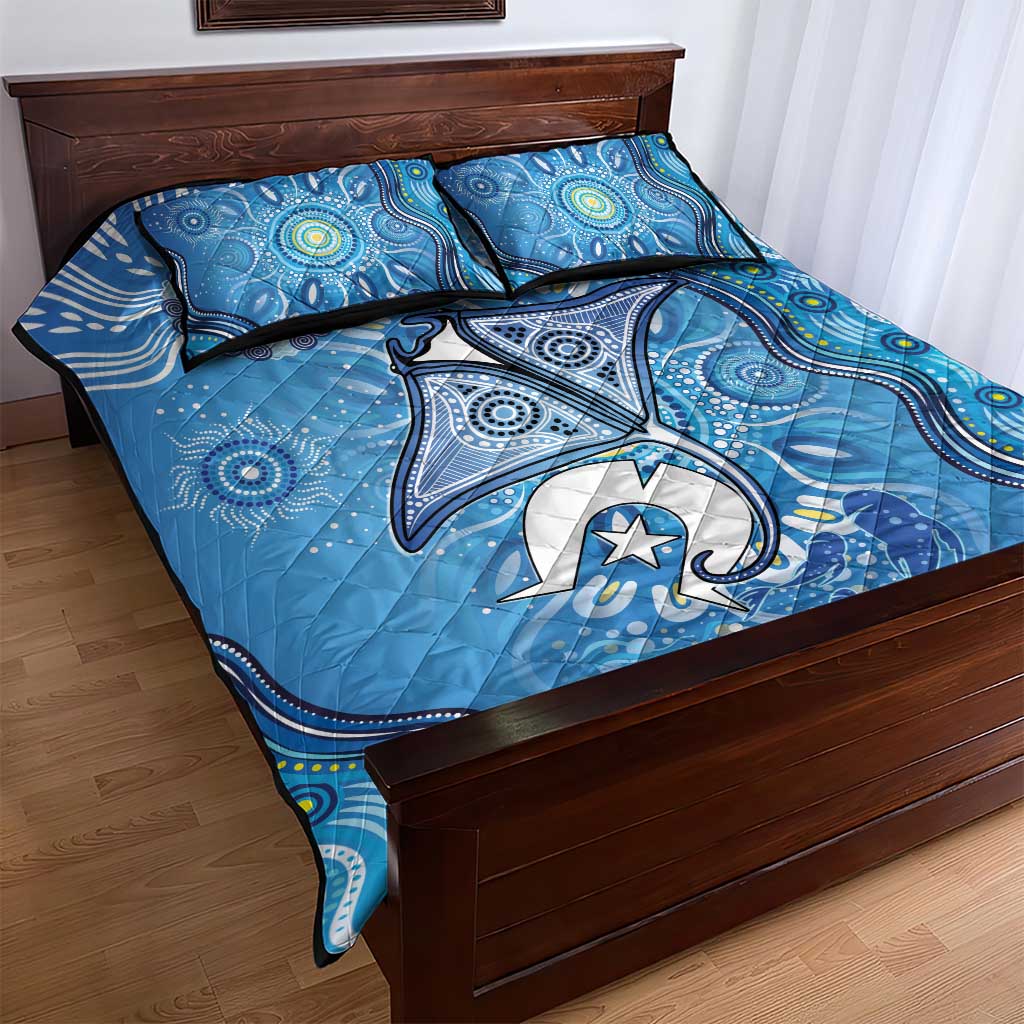 Torres Strait Islander Dhari Stingray Quilt Bed Set Aboriginal Dot Art Blue Pastel Style