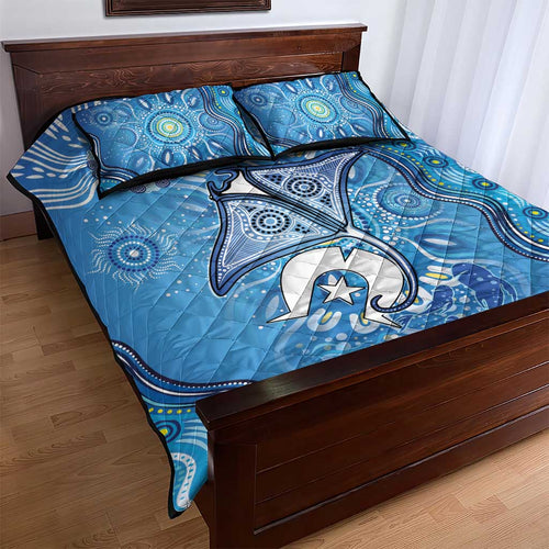 Torres Strait Islander Dhari Stingray Quilt Bed Set Aboriginal Dot Art Blue Pastel Style
