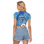 Torres Strait Islander Dhari Stingray Raglan Cropped T Shirt Aboriginal Dot Art Blue Pastel Style
