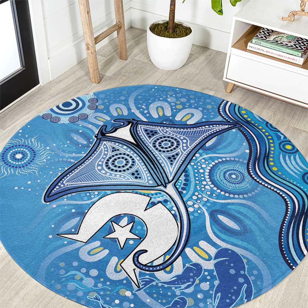 Torres Strait Islander Dhari Stingray Round Carpet Aboriginal Dot Art Blue Pastel Style