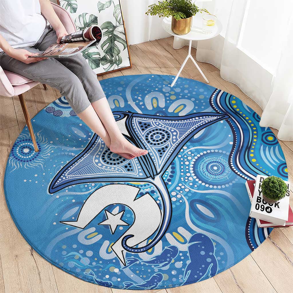 Torres Strait Islander Dhari Stingray Round Carpet Aboriginal Dot Art Blue Pastel Style