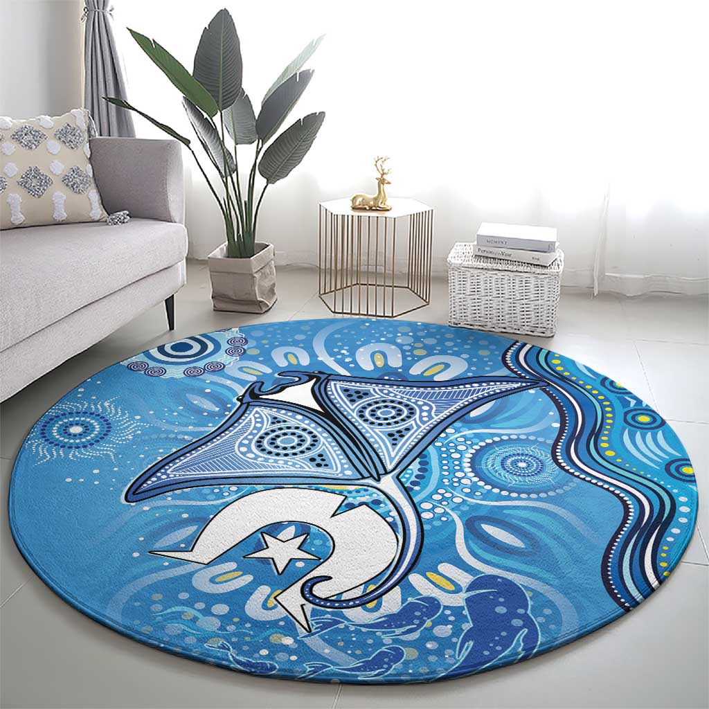 Torres Strait Islander Dhari Stingray Round Carpet Aboriginal Dot Art Blue Pastel Style