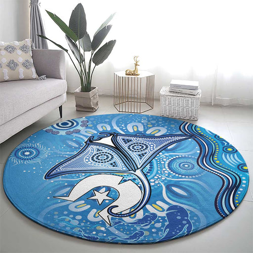 Torres Strait Islander Dhari Stingray Round Carpet Aboriginal Dot Art Blue Pastel Style