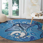 Torres Strait Islander Dhari Stingray Round Carpet Aboriginal Dot Art Blue Pastel Style