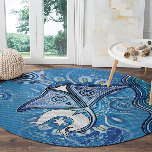 Torres Strait Islander Dhari Stingray Round Carpet Aboriginal Dot Art Blue Pastel Style