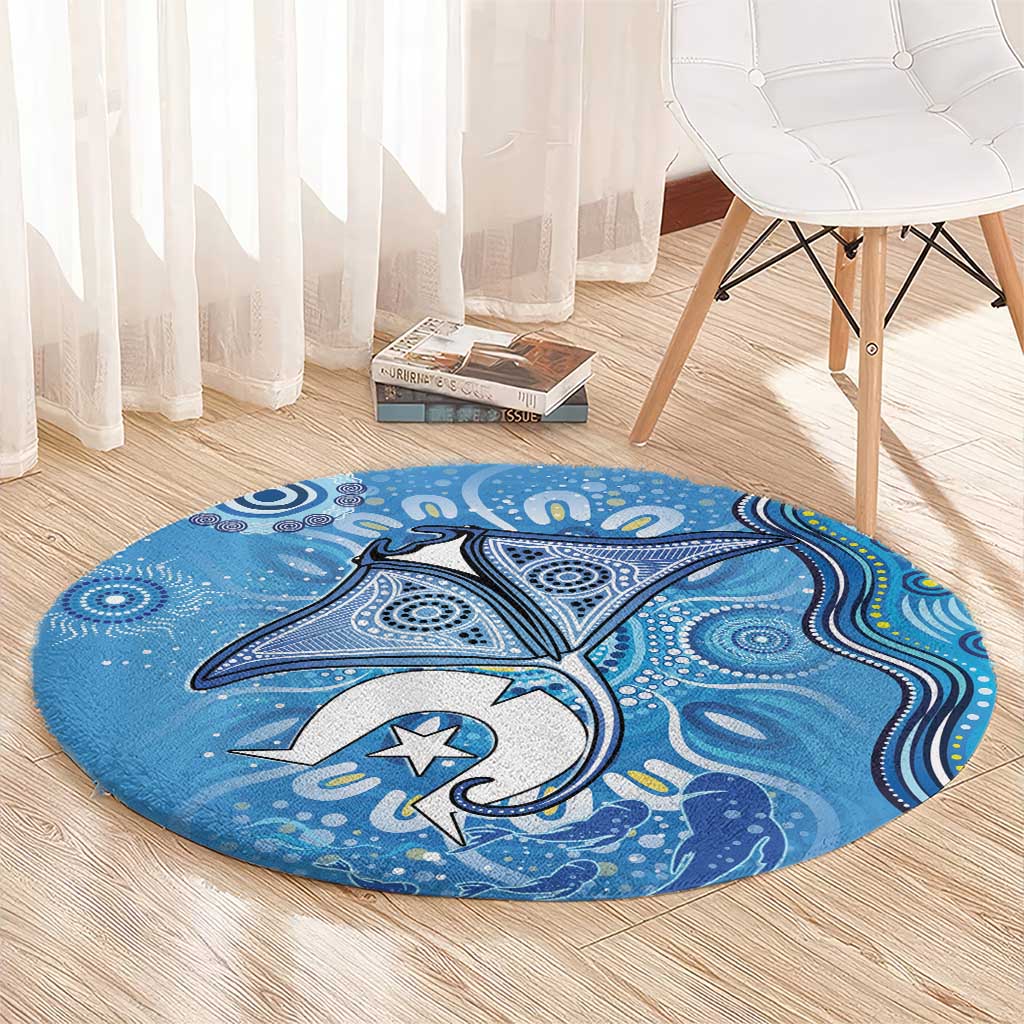Torres Strait Islander Dhari Stingray Round Carpet Aboriginal Dot Art Blue Pastel Style