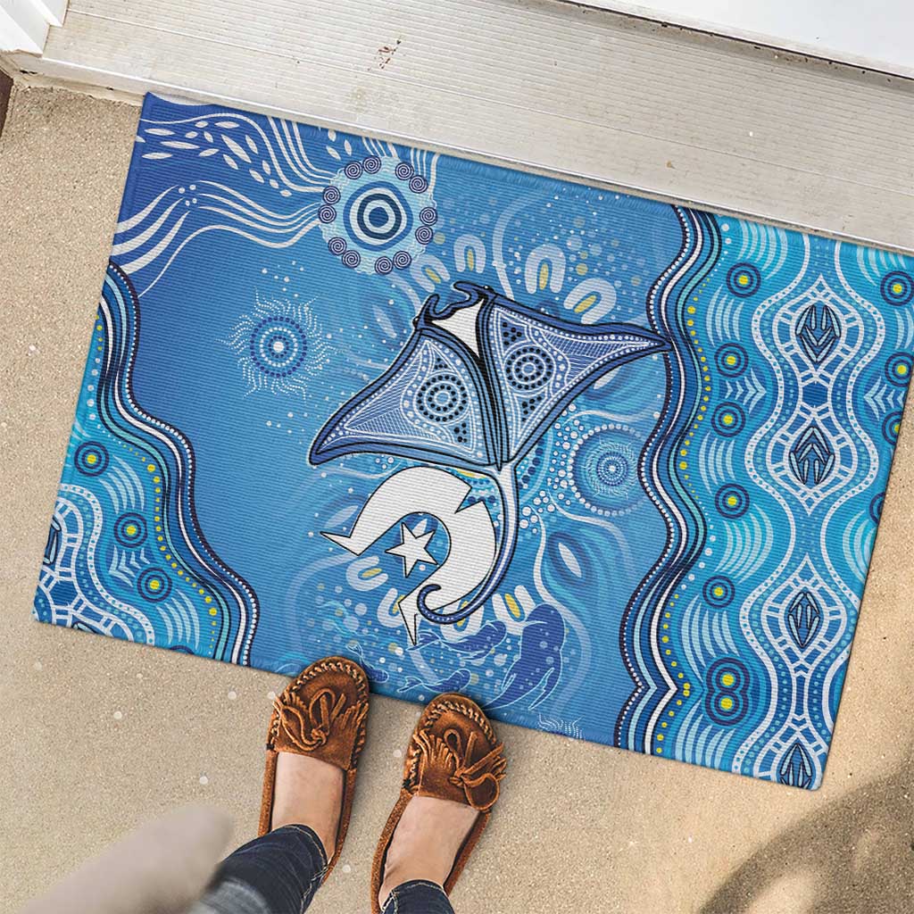 Torres Strait Islander Dhari Stingray Rubber Doormat Aboriginal Dot Art Blue Pastel Style
