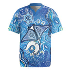 Torres Strait Islander Dhari Stingray Rugby Jersey Aboriginal Dot Art Blue Pastel Style