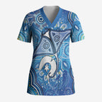 Torres Strait Islander Dhari Stingray Scrub Top Aboriginal Dot Art Blue Pastel Style