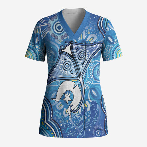 Torres Strait Islander Dhari Stingray Scrub Top Aboriginal Dot Art Blue Pastel Style